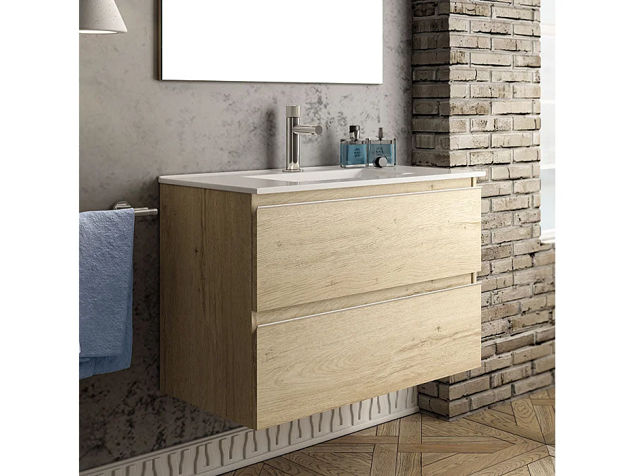 Ensemble meuble de salle de bain 100cm simple vasque + colonne de rangement - BALEA - bambou (chêne clair)
