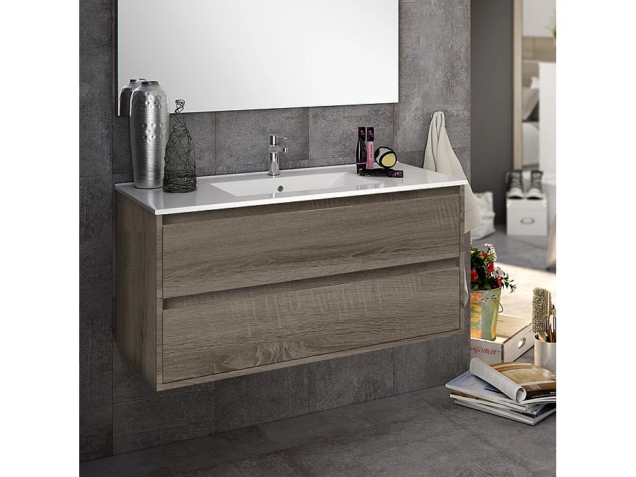 Ensemble meuble de salle de bain 100cm simple vasque + colonne de rangement IRIS - britannia (chêne foncé)