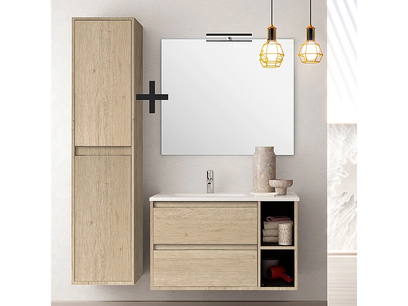 Ensemble meuble de salle de bain 80cm vasque déportée + colonne de rangement OLYMPE - cambrian (chêne)