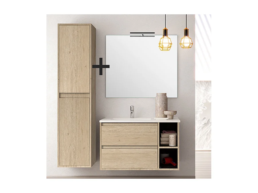 Ensemble meuble de salle de bain 80cm vasque déportée + colonne de rangement OLYMPE - cambrian (chêne)