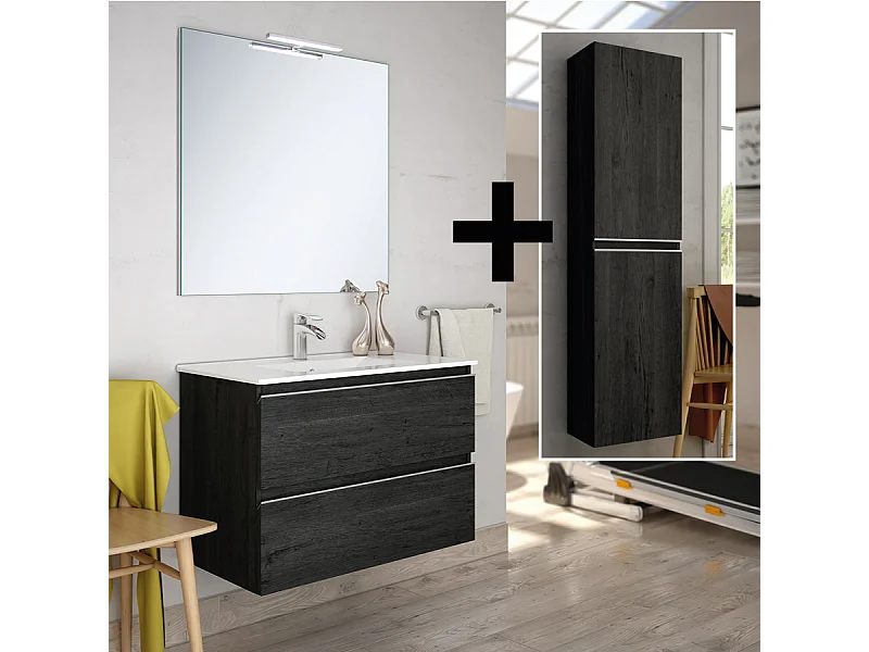 Ensemble meuble de salle de bain 100cm simple vasque + colonne de rangement - BALEA - ebony (bois noir)