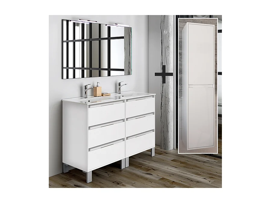 Ensemble meuble de salle de bain 120cm double vasque + colonne de rangement TIRIS - blanc