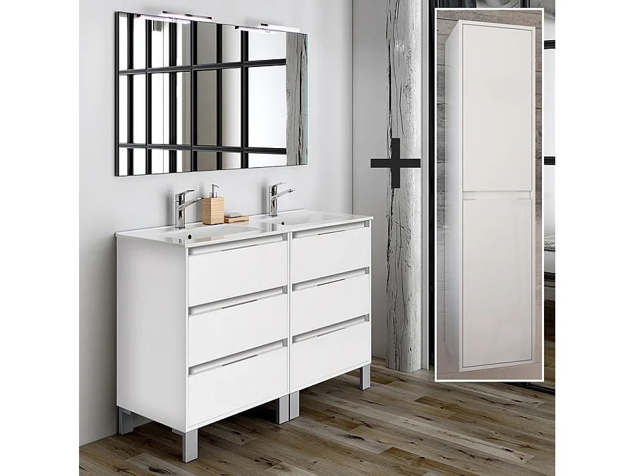 Ensemble meuble de salle de bain 120cm double vasque + colonne de rangement TIRIS - blanc