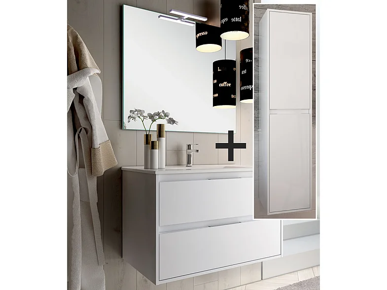 Ensemble meuble de salle de bain 100cm simple vasque + colonne de rangement IRIS - blanc