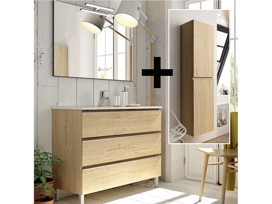 Ensemble meuble de salle de bain 80cm simple vasque + colonne de rangement PALMA - bambou (chêne clair)