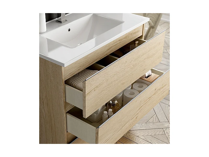 Ensemble meuble de salle de bain 120cm double vasque + colonne de rangement - BALEA - bambou (chêne clair)