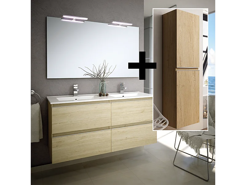 Ensemble meuble de salle de bain 120cm double vasque + colonne de rangement - BALEA - bambou (chêne clair)
