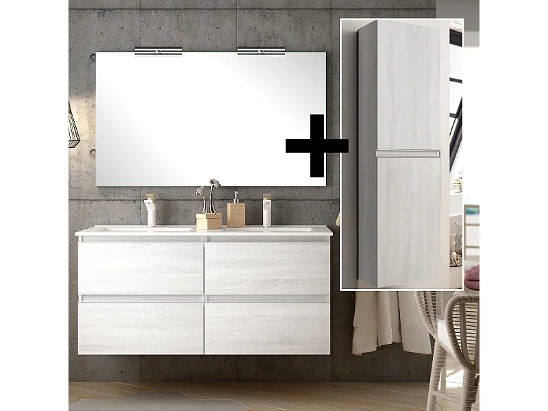 Ensemble meuble de salle de bain 140cm double vasque + colonne de rangement - BALEA - hibernian (bois blanchi)