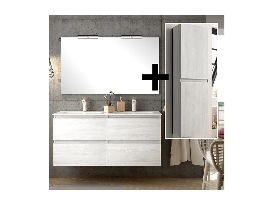 Ensemble meuble de salle de bain 140cm double vasque + colonne de rangement - BALEA - hibernian (bois blanchi)