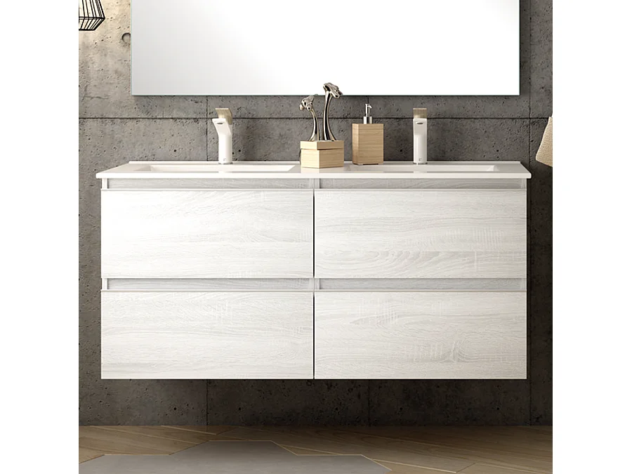 Ensemble meuble de salle de bain 140cm double vasque + colonne de rangement - BALEA - hibernian (bois blanchi)