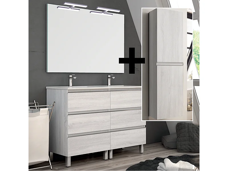 Ensemble meuble de salle de bain 140cm double vasque + colonne de rangement PALMA - hibernian (bois blanchi)