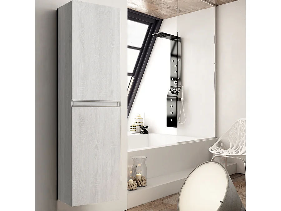 Ensemble meuble de salle de bain 140cm double vasque + colonne de rangement PALMA - hibernian (bois blanchi)