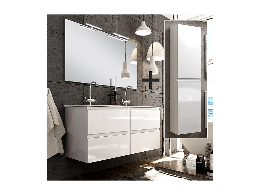 Ensemble meuble de salle de bain 120cm double vasque + colonne de rangement - BALEA - blanc