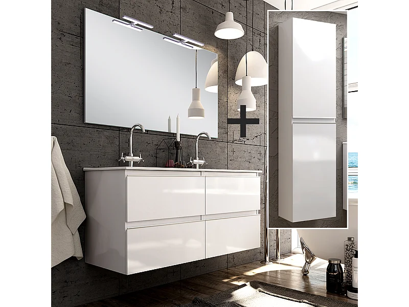 Ensemble meuble de salle de bain 120cm double vasque + colonne de rangement - BALEA - blanc