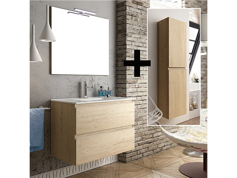 Ensemble meuble de salle de bain 70cm simple vasque + colonne de rangement - BALEA - bambou (chêne clair)