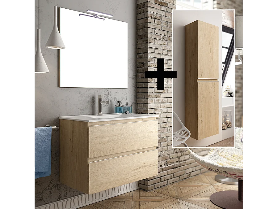 Ensemble meuble de salle de bain 70cm simple vasque + colonne de rangement - BALEA - bambou (chêne clair)