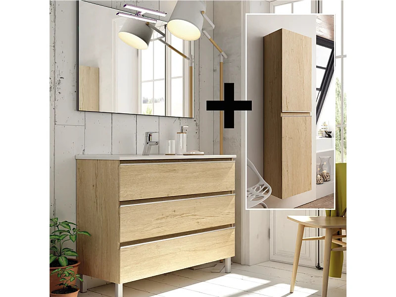 Ensemble meuble de salle de bain 60cm simple vasque + colonne de rangement PALMA - bambou (chêne clair)
