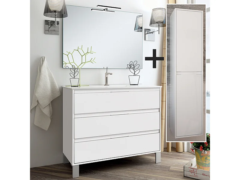 Ensemble meuble de salle de bain 80cm simple vasque + colonne de rangement TIRIS - blanc