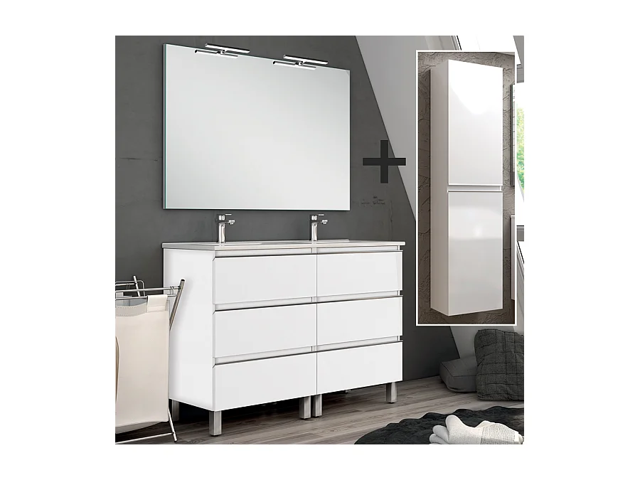 Ensemble meuble de salle de bain 120cm double vasque + colonne de rangement PALMA - blanc