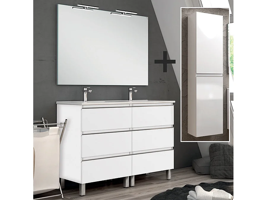 Ensemble meuble de salle de bain 120cm double vasque + colonne de rangement PALMA - blanc