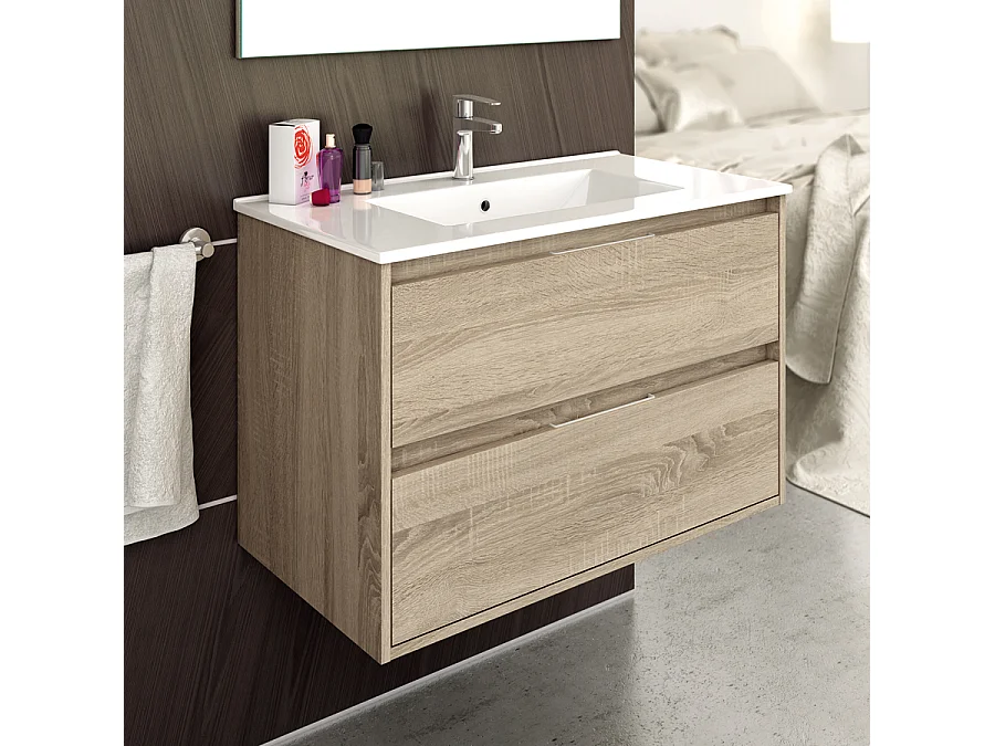 Ensemble meuble de salle de bain 80cm simple vasque + colonne de rangement IRIS - cambrian (chêne)