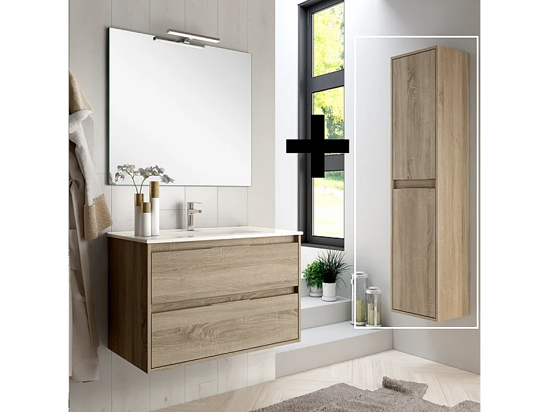 Ensemble meuble de salle de bain 80cm simple vasque + colonne de rangement IRIS - cambrian (chêne)