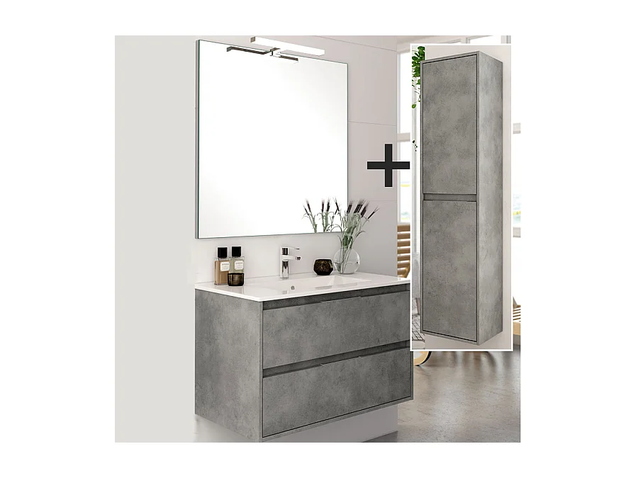 Ensemble meuble de salle de bain 80cm simple vasque + colonne de rangement IRIS - ciment (gris)