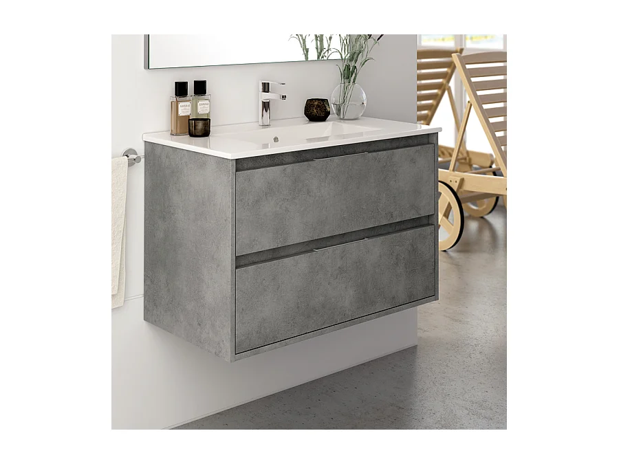 Ensemble meuble de salle de bain 80cm simple vasque + colonne de rangement IRIS - ciment (gris)