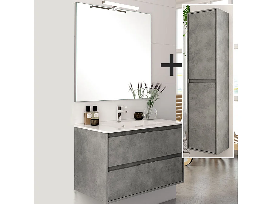 Ensemble meuble de salle de bain 80cm simple vasque + colonne de rangement IRIS - ciment (gris)