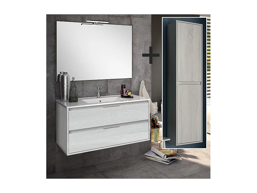 Ensemble meuble de salle de bain 80cm simple vasque + colonne de rangement IRIS - hibernian (bois blanchi)
