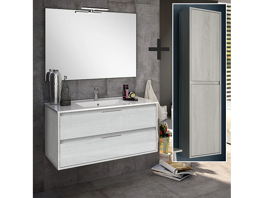 Ensemble meuble de salle de bain 80cm simple vasque + colonne de rangement IRIS - hibernian (bois blanchi)