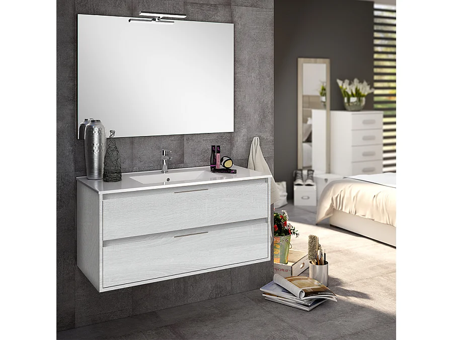 Ensemble meuble de salle de bain 80cm simple vasque + colonne de rangement IRIS - hibernian (bois blanchi)