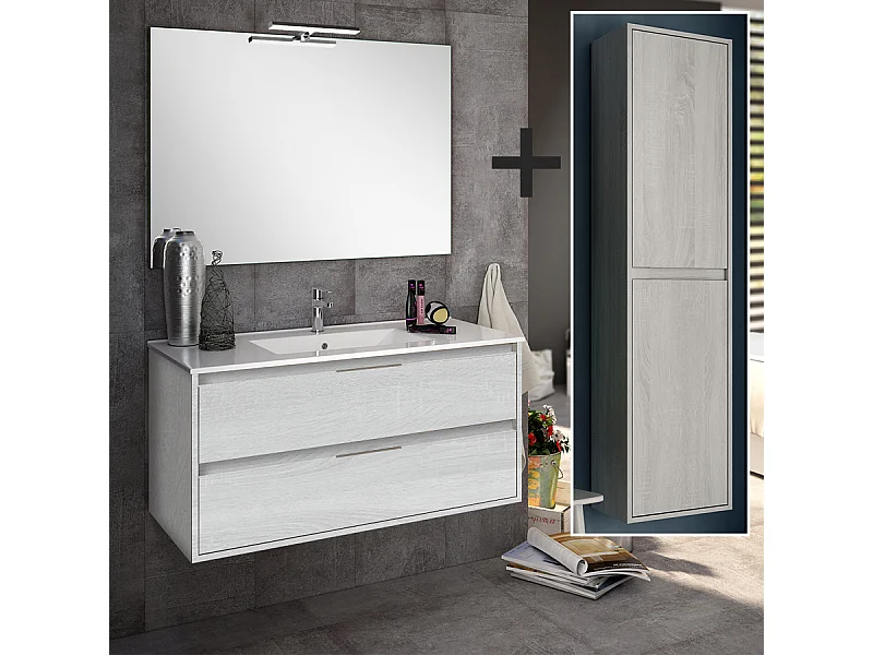 Ensemble meuble de salle de bain 80cm simple vasque + colonne de rangement IRIS - hibernian (bois blanchi)