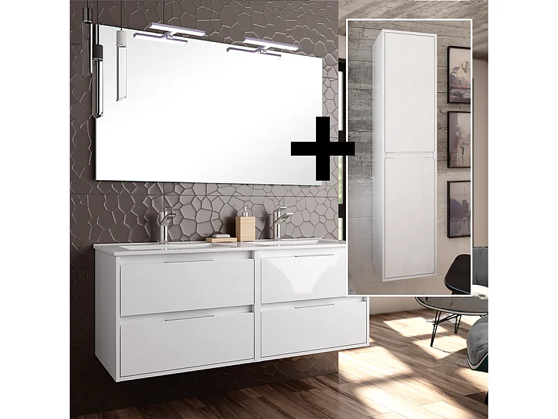 Ensemble meuble de salle de bain 120cm double vasque + colonne de rangement IRIS - blanc