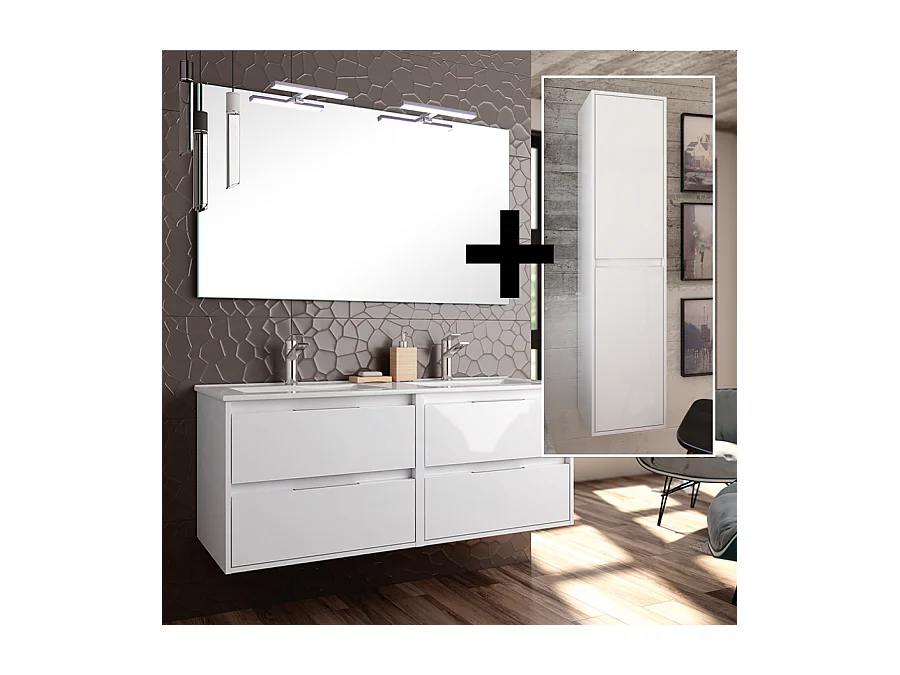 Ensemble meuble de salle de bain 120cm double vasque + colonne de rangement IRIS - blanc