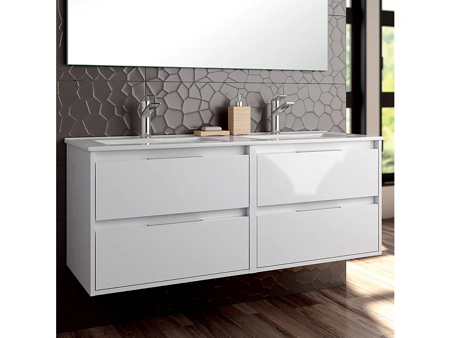 Ensemble meuble de salle de bain 120cm double vasque + colonne de rangement IRIS - blanc