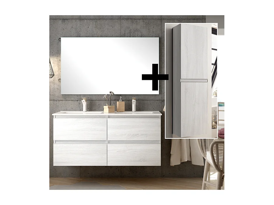 Ensemble meuble de salle de bain 120cm double vasque + colonne de rangement - BALEA - hibernian (bois blanchi)