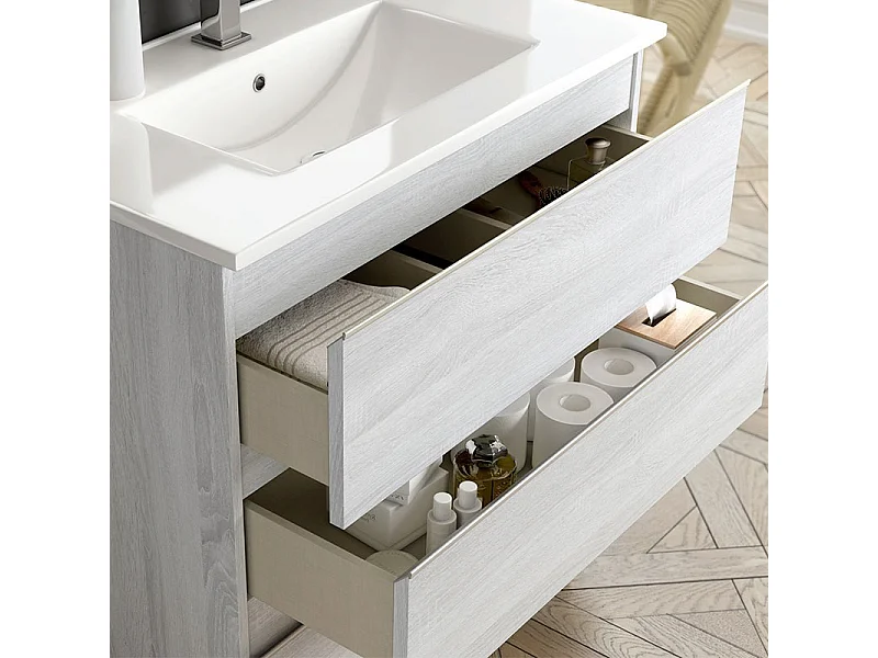 Ensemble meuble de salle de bain 120cm double vasque + colonne de rangement - BALEA - hibernian (bois blanchi)