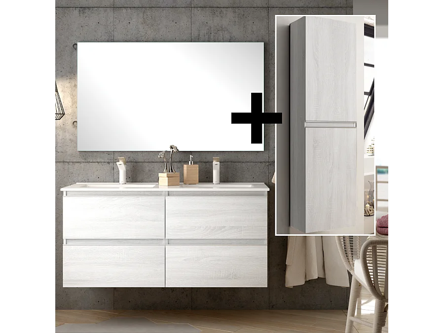 Ensemble meuble de salle de bain 120cm double vasque + colonne de rangement - BALEA - hibernian (bois blanchi)