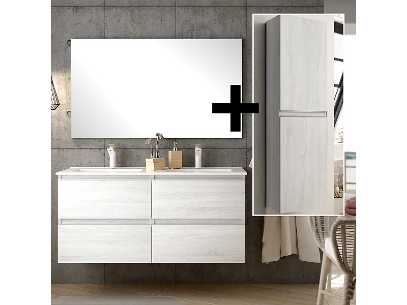 Ensemble meuble de salle de bain 120cm double vasque + colonne de rangement - BALEA - hibernian (bois blanchi)
