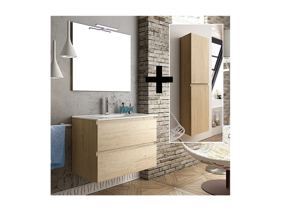 Ensemble meuble de salle de bain 60cm simple vasque + colonne de rangement - BALEA - bambou (chêne clair)