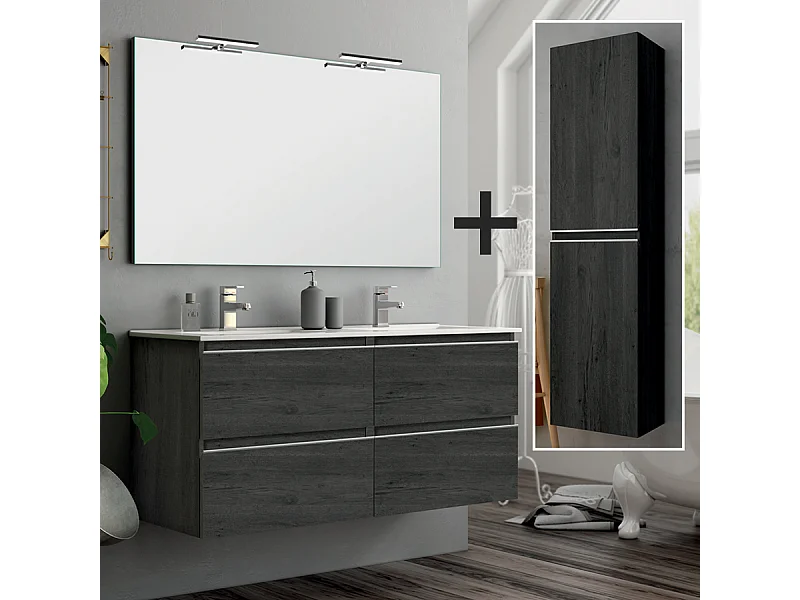Ensemble meuble de salle de bain 140cm double vasque + colonne de rangement - BALEA - ebony (bois noir)