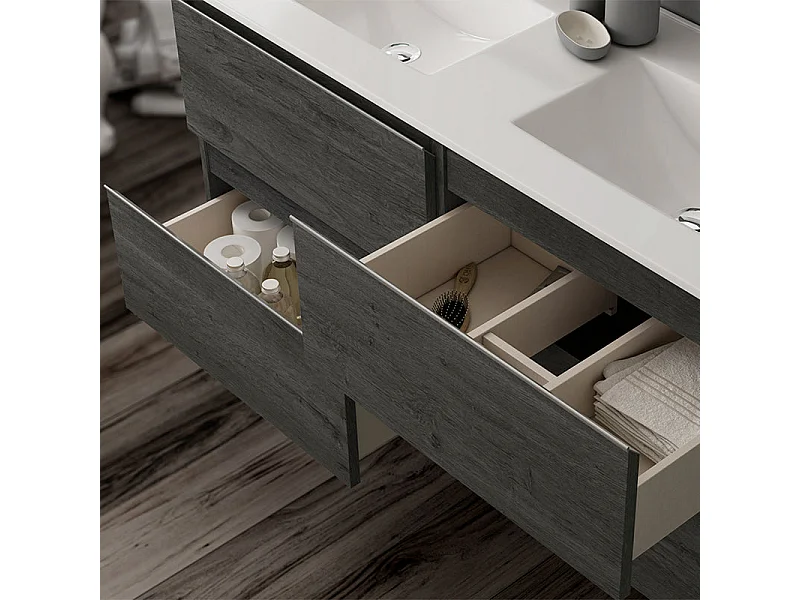 Ensemble meuble de salle de bain 140cm double vasque + colonne de rangement - BALEA - ebony (bois noir)