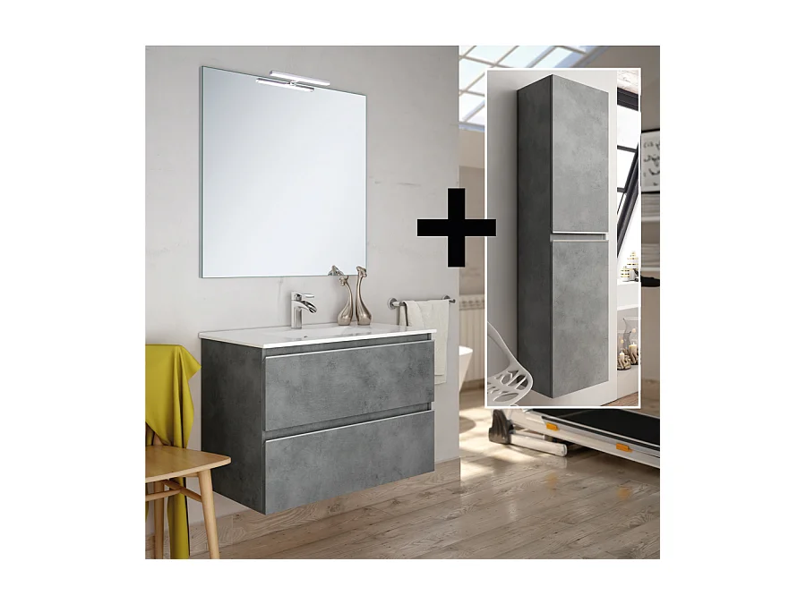 Ensemble meuble de salle de bain 100cm simple vasque + colonne de rangement - BALEA - ciment (gris)