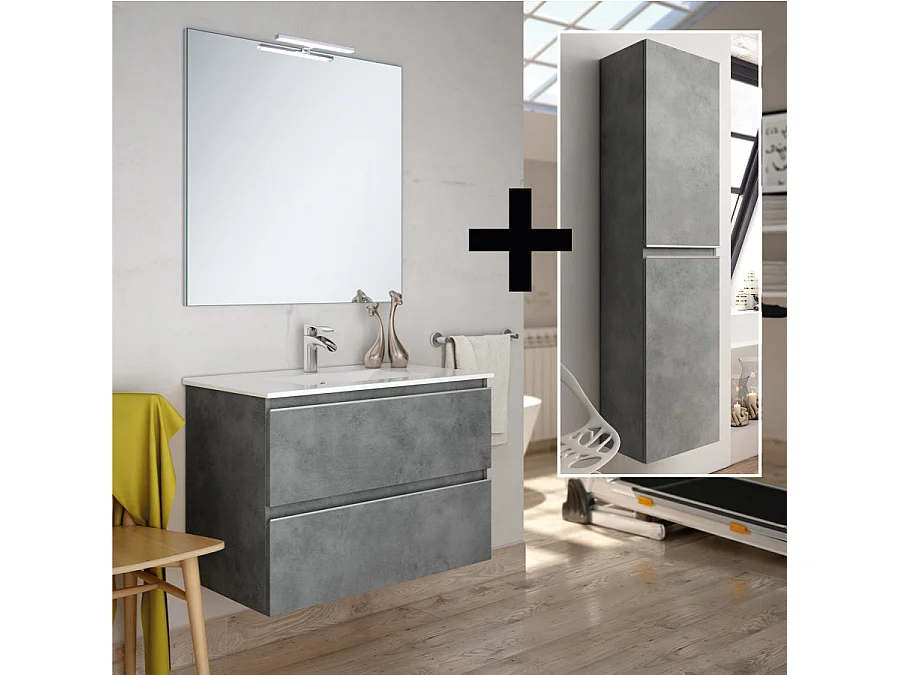 Ensemble meuble de salle de bain 100cm simple vasque + colonne de rangement - BALEA - ciment (gris)