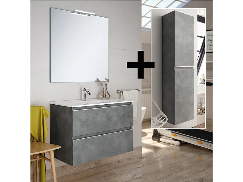 Ensemble meuble de salle de bain 100cm simple vasque + colonne de rangement - BALEA - ciment (gris)