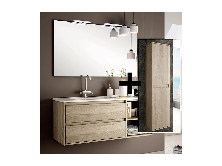 Ensemble meuble de salle de bain 120cm vasque déportée + colonne de rangement OLYMPE - cambrian (chêne)