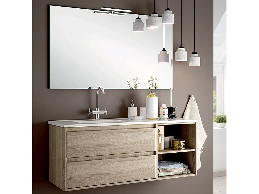 Ensemble meuble de salle de bain 120cm vasque déportée + colonne de rangement OLYMPE - cambrian (chêne)