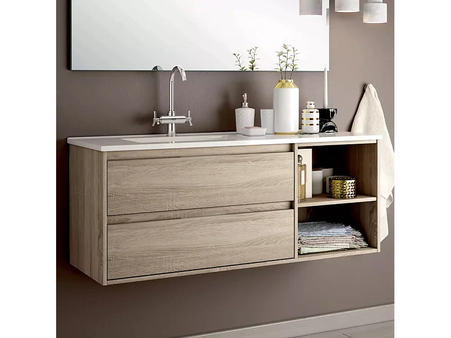 Ensemble meuble de salle de bain 120cm vasque déportée + colonne de rangement OLYMPE - cambrian (chêne)