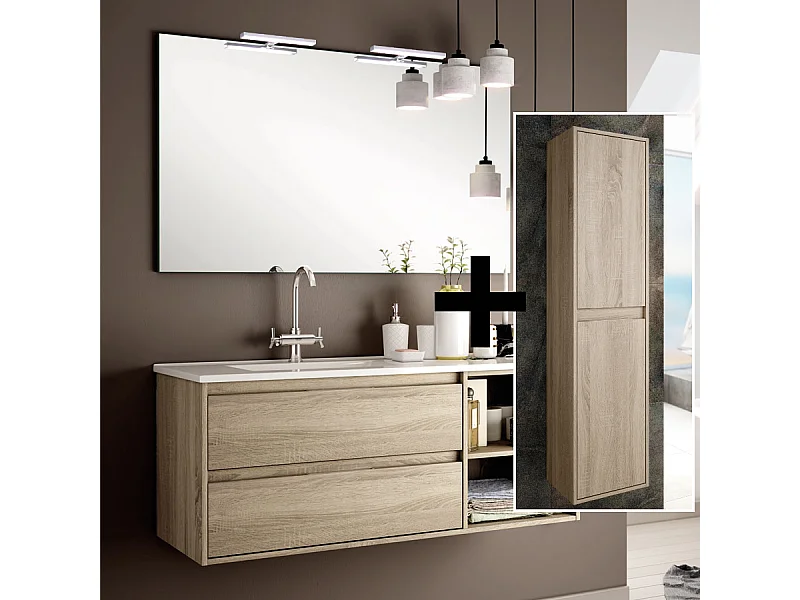 Ensemble meuble de salle de bain 120cm vasque déportée + colonne de rangement OLYMPE - cambrian (chêne)